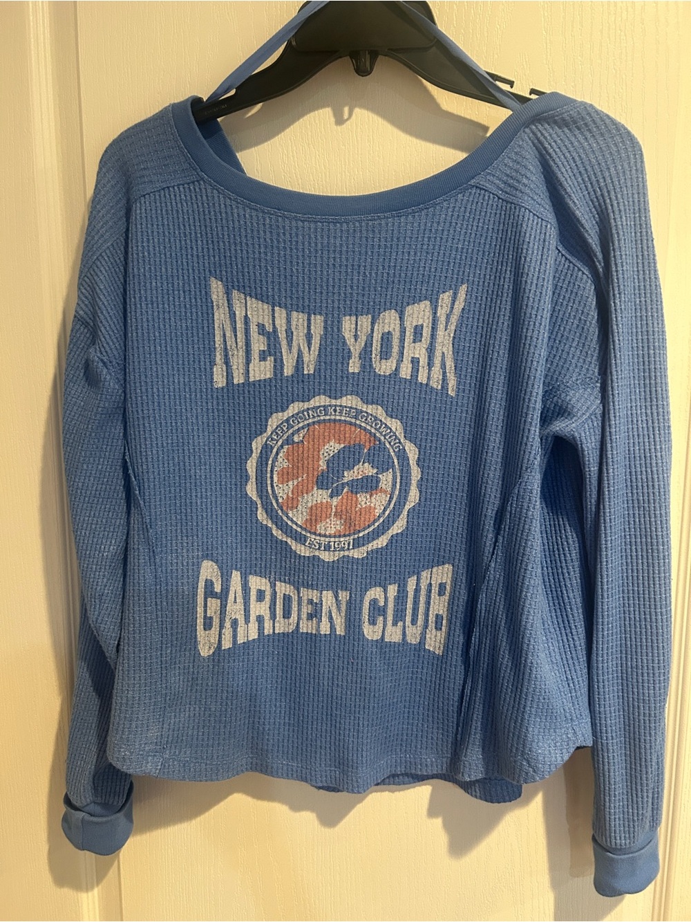 Blue Waffle-Knit Long Sleeve Top with New York Graphic purchased at Anthropology